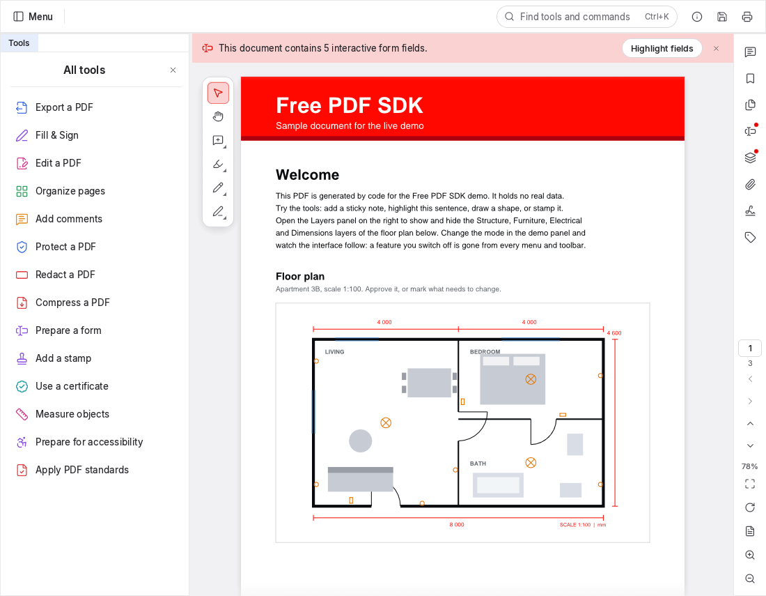 Free PDF SDK in full mode: the Tools panel, quick toolbar, menus and every panel