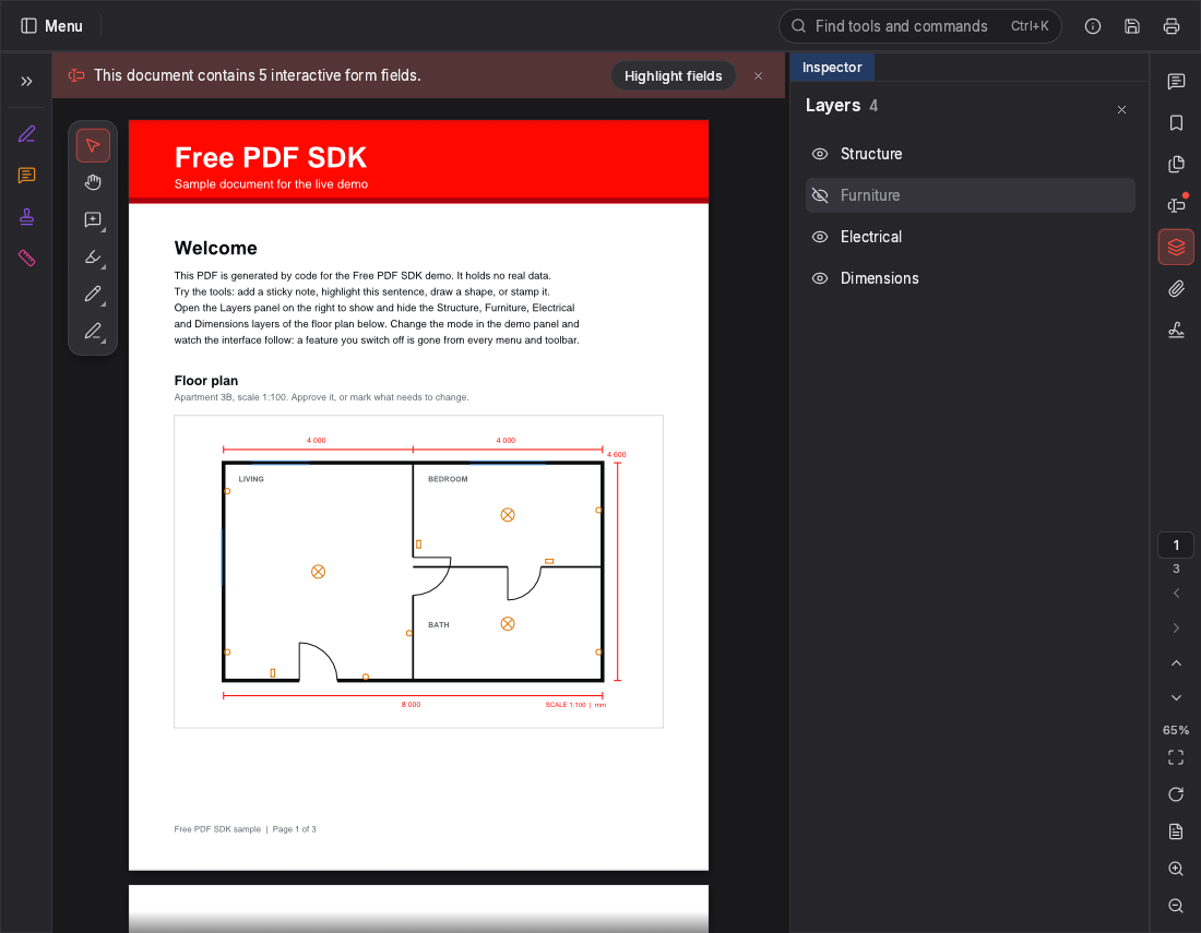 Free PDF SDK in the dark theme with the Layers panel open: Structure, Furniture, Electrical and Dimensions layers of a floor plan, each with a show/hide toggle