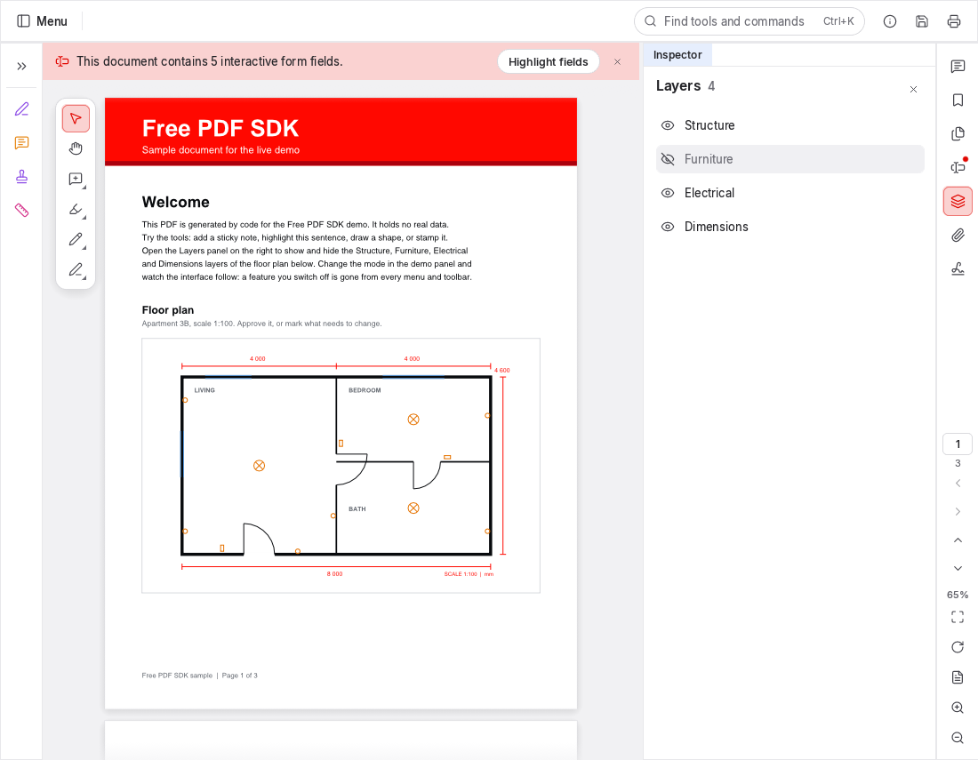 Free PDF SDK with the Layers panel open: Structure, Furniture, Electrical and Dimensions layers of a floor plan, each with a show/hide toggle