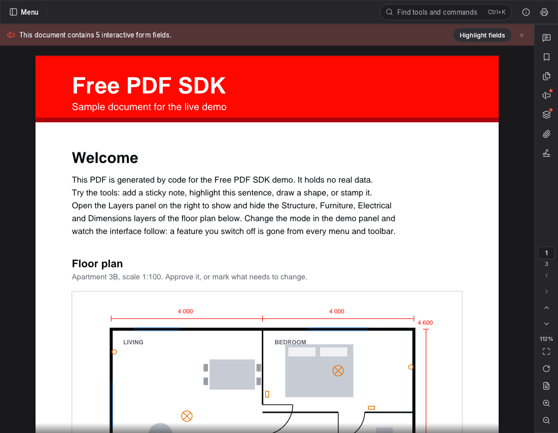 Free PDF SDK in view mode, dark theme: only the document, search and navigation